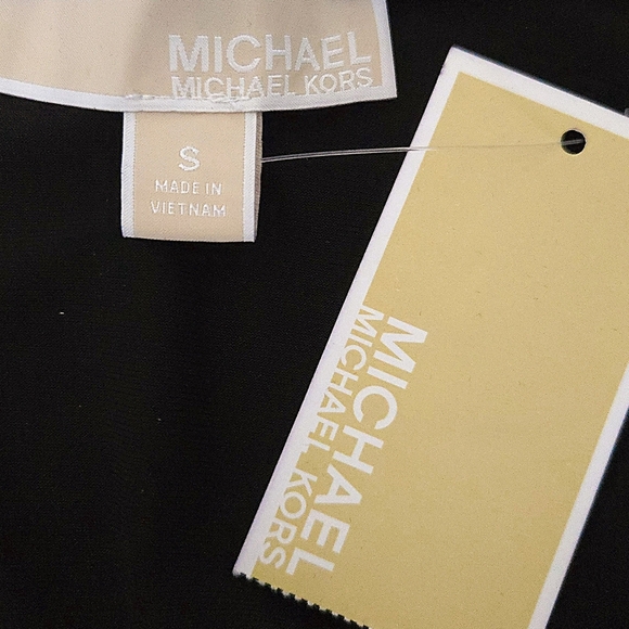 NWT Michael Kors Black & Gold Zipper Shoulder Cowl Neck 3/4-Sleeve Mini Dress - Picture 5 of 6